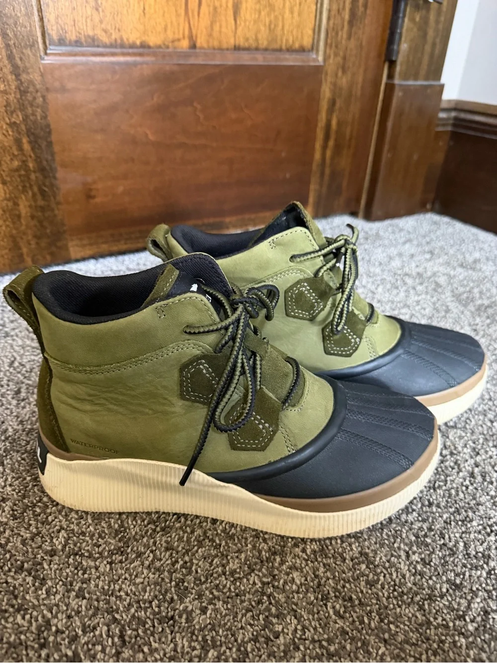 Sorel Olive Green & Black Waterproof Lace-Up Duck Boots